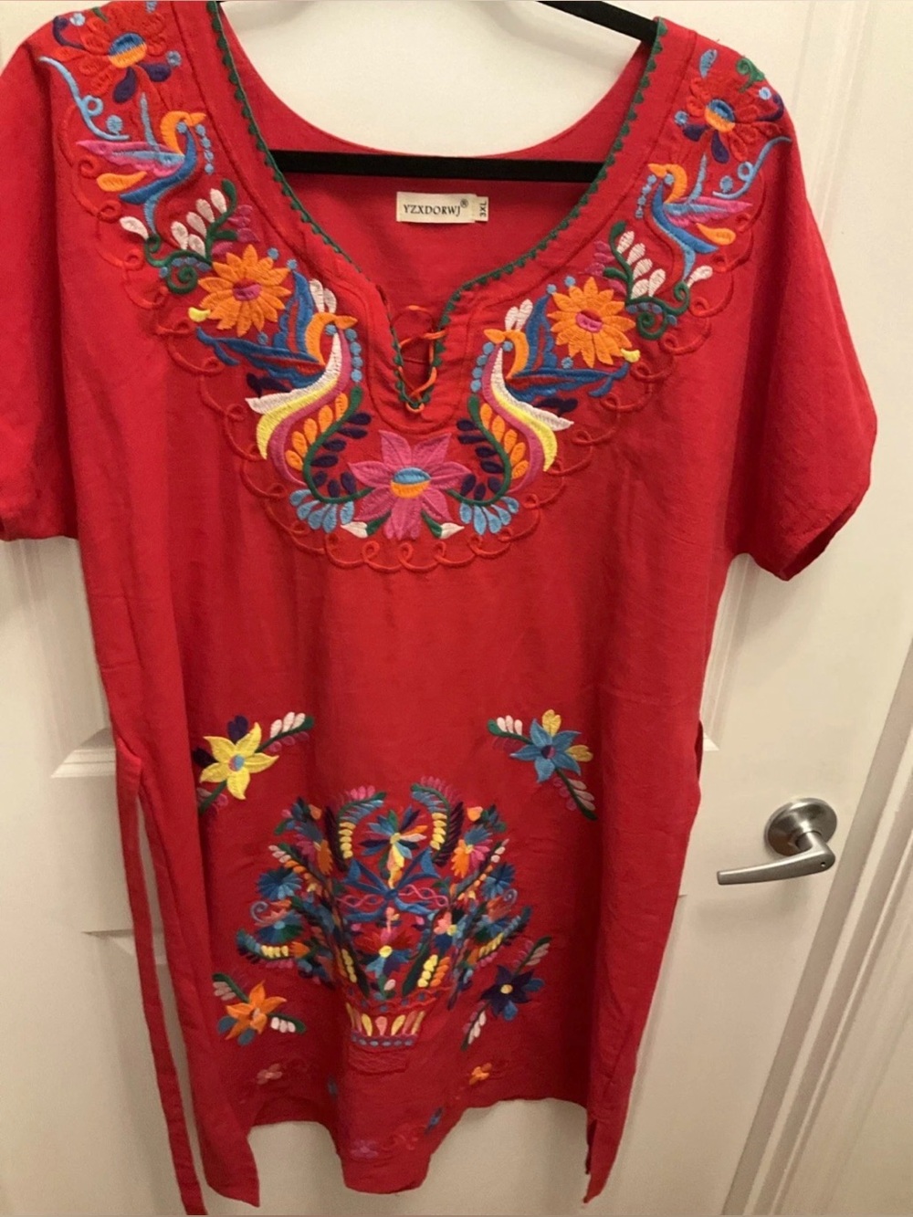 YZXDORWJ 3XL Boho Embroidered Dress 100% Cotton Tieback Side Split